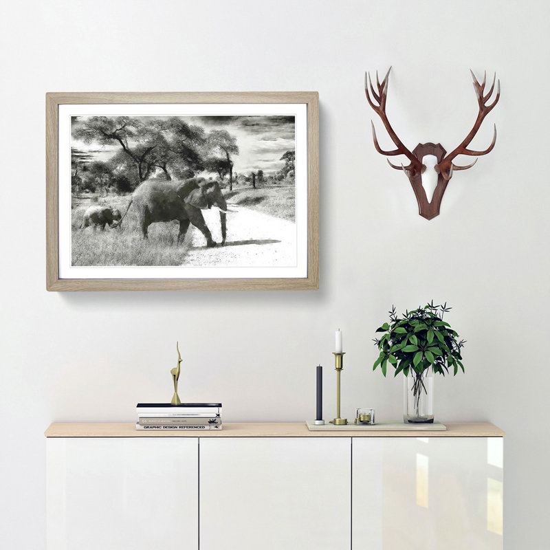 Mother and Baby Elephant Strolling - Picture Frame Photograph Print, 24cm H x 33cm W x 2cm D, Oak Framed