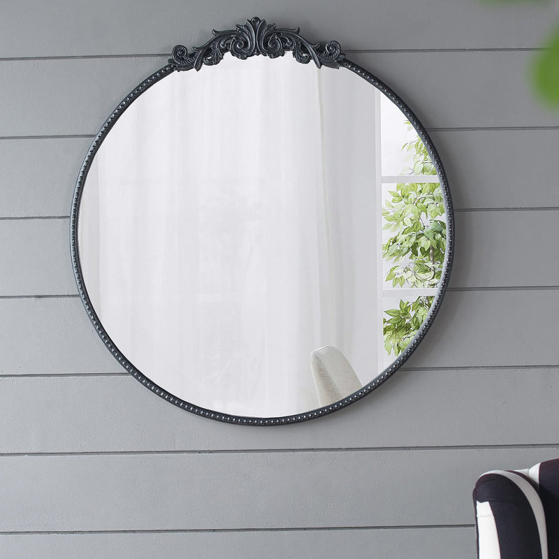 Miroir de style classique avec cadre d'inspiration baroque pour salle de bain, 32 po x 30 po, Noir, Rond