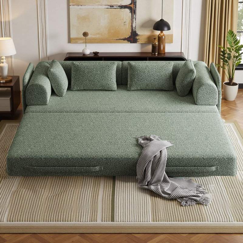 Canapé-lit Boneless de 78,7 po avec tissu chenille et coussins cylindriques, Vert