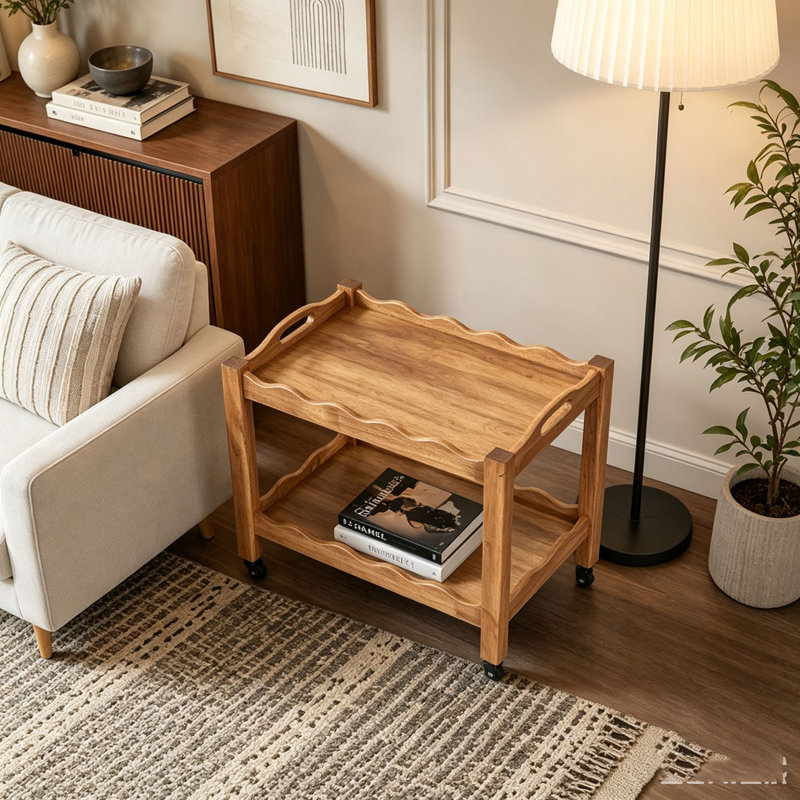 Table d'appoint roulante en bois d'hévéa massif, 2 niveaux avec roues verrouillables et plateau amovible, robuste et durable
