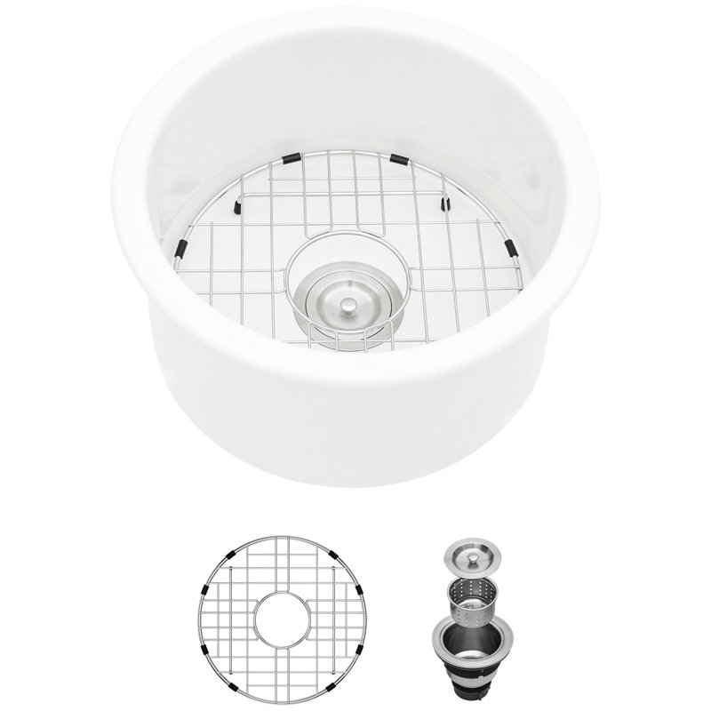Évier de 18 po en céramique - bol simple, solide et teinté, blanc, installation double avec grille de fond de drain pour une fonctionnalité fonctionnelle et élégante dans la cuisine