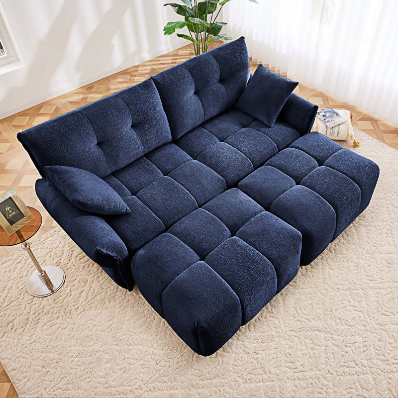 Canapé 2 places avec 2 repose-pieds et coussins décoratifs, Bleu
