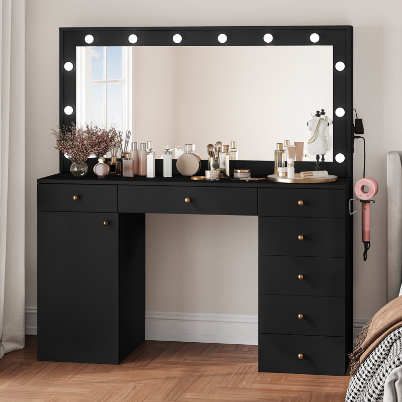 Coiffeuse de maquillage avec miroir et lumières, Noir