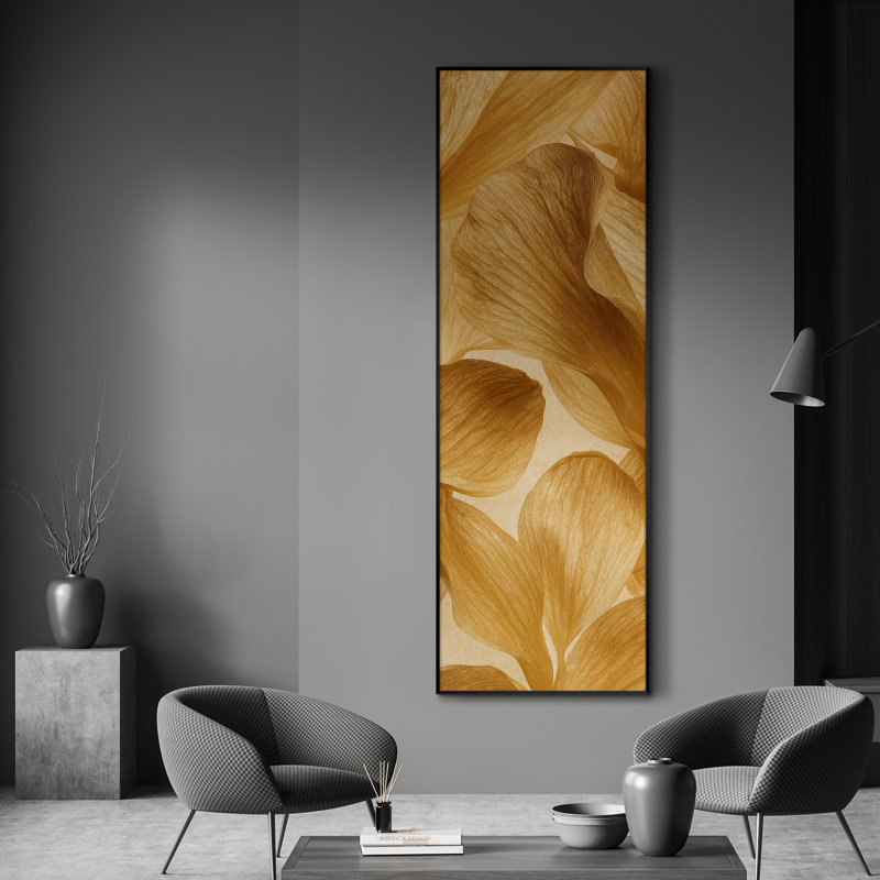 Très grand imprimé abstrait de pétales dorés - chaleureuse décoration d'inspiration botanique moderne pour le salon ou la chambre à coucher, assemblage de cadre requis