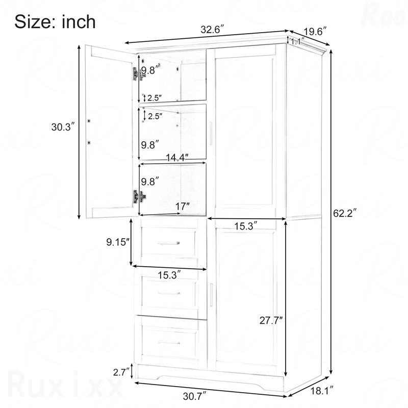 Armoire de rangement haute et large avec portes pour salle de bain / bureau, trois tiroirs, gris, Gris