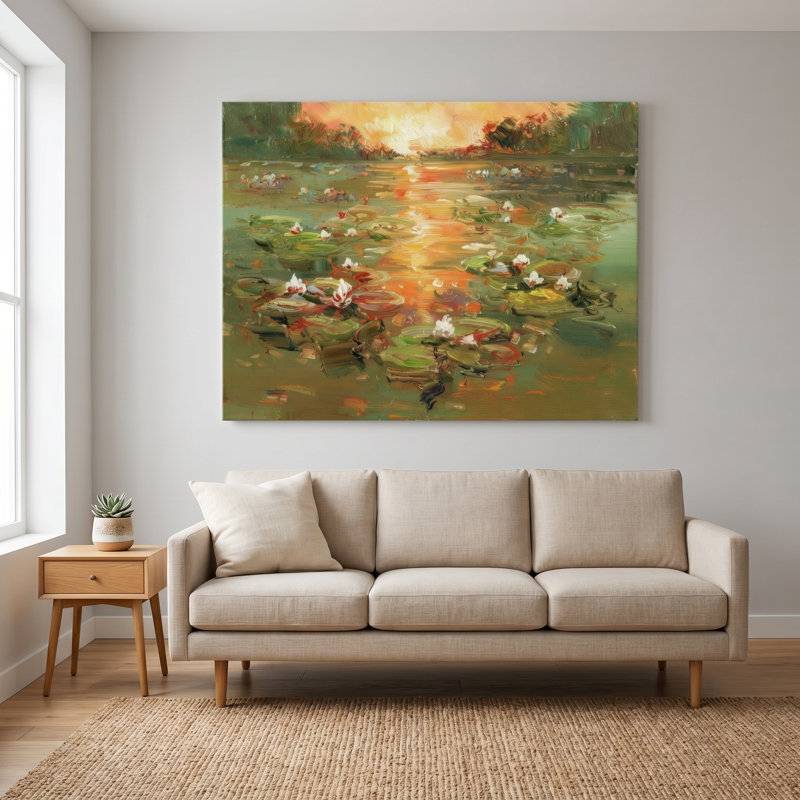«Glowing Sunset Water Lilies», reproduction d'art sur toile, impressionnant empâtement floral étang, art mural nature
