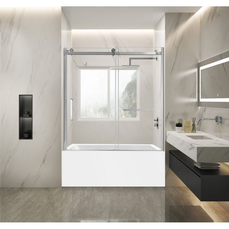 Kingston Brass 60-Inch Acrylic Rectangular 3-Wall Alcove Tub With Tub Door, Left Hand Drain, Right, Brushed Nickel