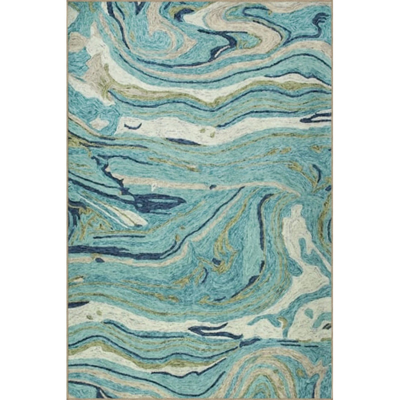 Green Wavy Creative Patterned Woven Base Washable Carpet, Round 4'