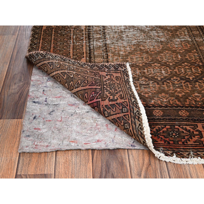 Tapis brun clair 3 pi 1 po x 6 pi 6 po brun rétro chocolat avec motif intégral, usé et vieilli, 100% laine, noué à la main, velours zéro, côtés et extrémités professionnellement sécurisés, large tapis de couloir oriental