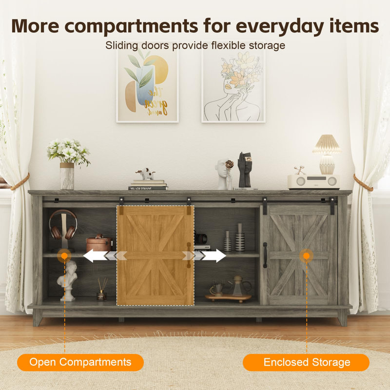 66" Farmhouse TV Stand for 75" TVs, Media Console with Sliding Barn Doors, Adjustable Shelf & Charging Station, Gray