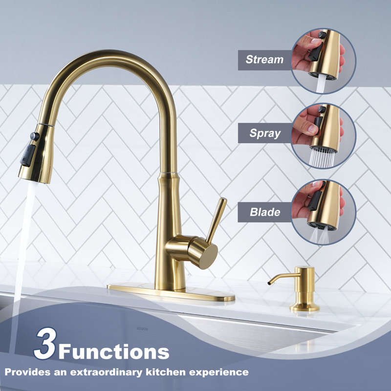 Gold Stainless Steel High-Arc Kitchen Faucet with Pull-out Spray
