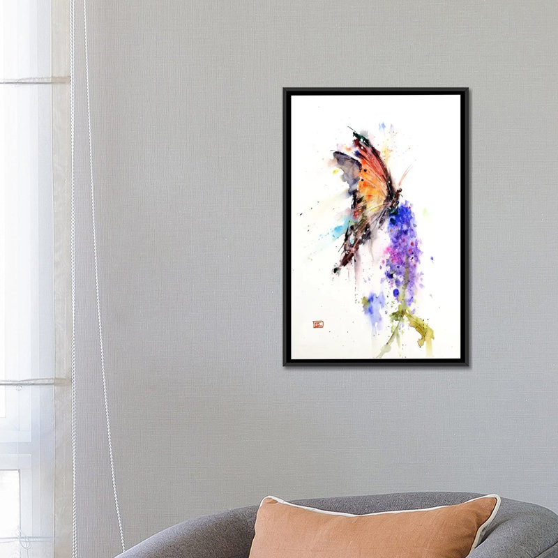 «Butterfly II», peinture sur toile tendue, H 26 po x l 18 po x P 1,5 po, Toile avec cadre noir, Blanc
