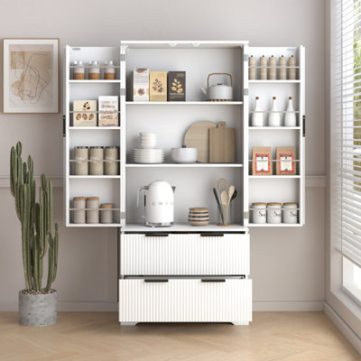 Armoire de cuisine 72 po avec 2 grands tiroirs et un support à épices à 8 portes, organisateur de rangement autoportant pour salle de bain, salle à manger, bureau, entrée, blanc
