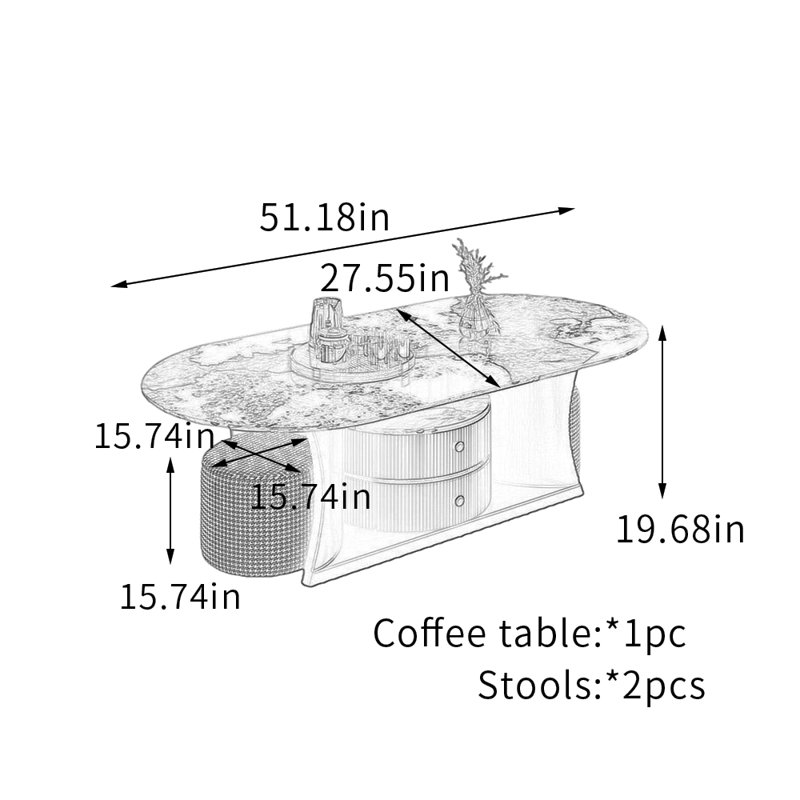 Table basse ovale haut de gamme avec tabourets, H 19,68 po x L 27,55 po x l 51,18 po, Blanc / Taupe, Noir