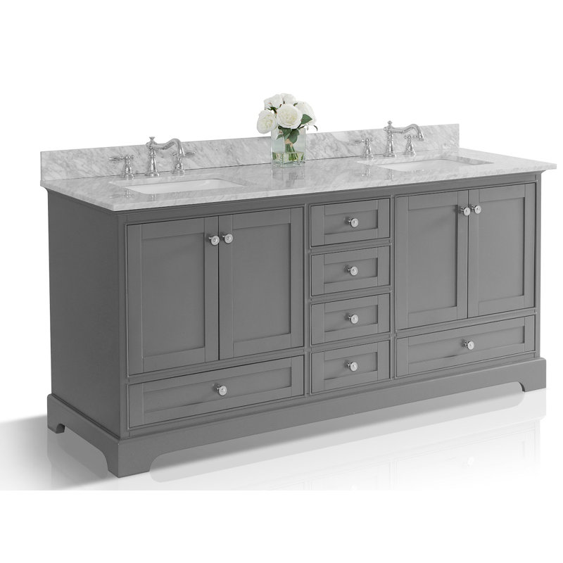 Audrey 72'' W Double Vanity, Carrara White, Nickel, Sapphire Gray
