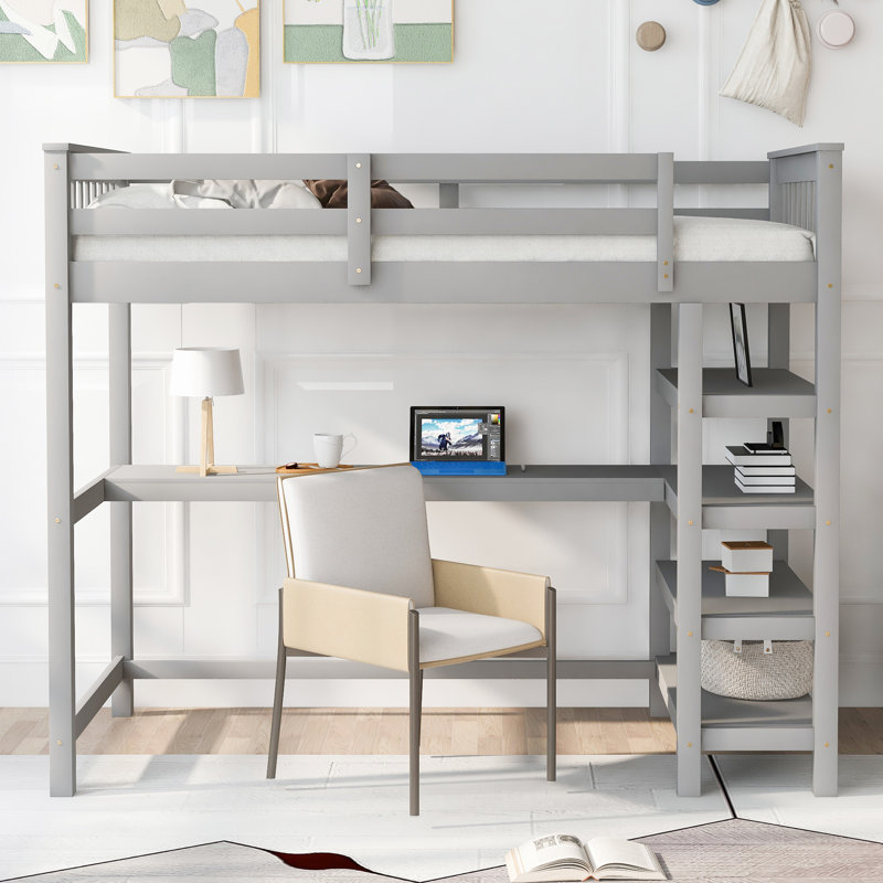 Lit mezzanine simple avec tablettes de rangement et bureau, gris et bois massif, Gris, Lit simple