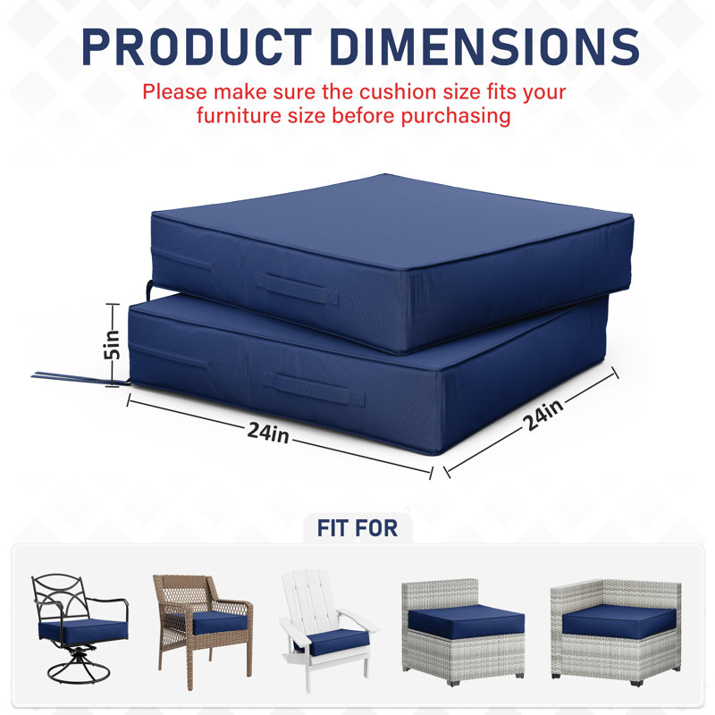 Coussins de siège d'extérieur (ensemble de 2), Bleu, L 24 po x P 24 po, 5 pouces