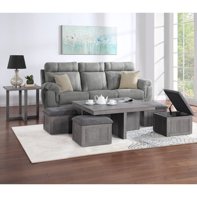 2-Piece Wooden Table Set With 4 Storage Stools In Rustic