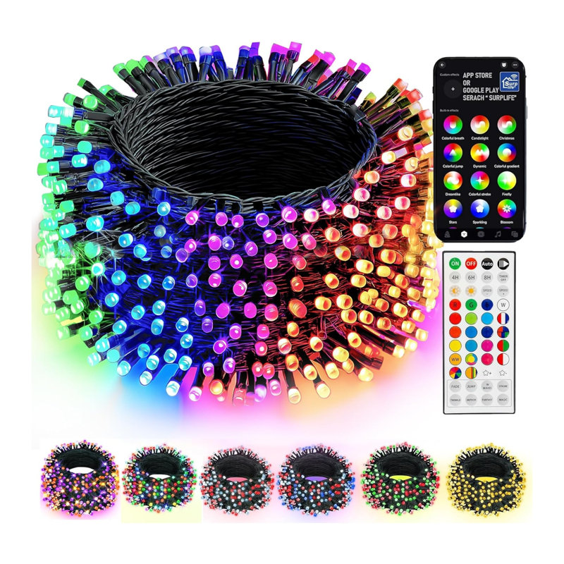 66ft Rgb Color Changing Led String Lights, 200 Leds With Remote & App, Indoor Outdoor Holiday And Party Decor