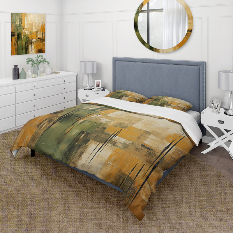 Green Beige Wild Essence Collage I - Ensemble de housse de couette abstrait - Microfibre de polyester