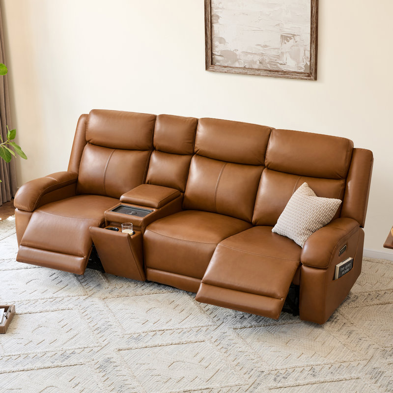 Zachery Genuine Leather Power Reclining Sofa with Multifunctional Console, 3, Saddle Brown