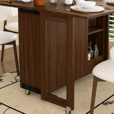 Three-in-One Folding Dining Table and Side Table with 4 Large Storage Shelves and Locking Wheels