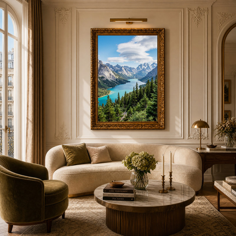 «Snowy Mountain Range Over Turquoise Lake», art mural sur toile, H 24 po x l 16 po