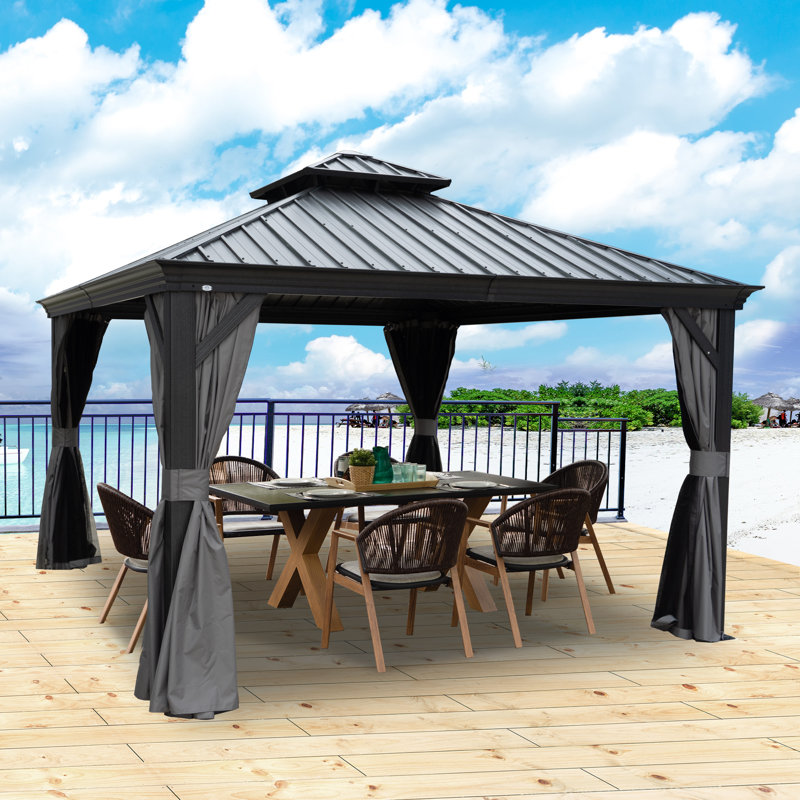 Kozyard Alexander Gray Double Roof Hardtop Gazebo with Privacy Curtain Mosquito Netting, 12 (ft) x 12 (ft)