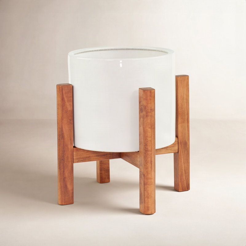 Finnegan Handmade Pot Planter, White/Walnut