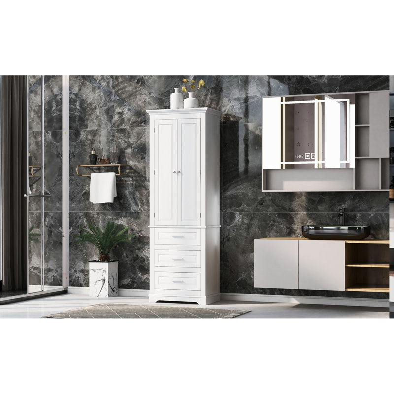 Tall White Storage Cabinet With Three Drawers For Office Decor, Metal Hinges, Easy To Maintain Kitchen Pantry Use, - Tipping Device