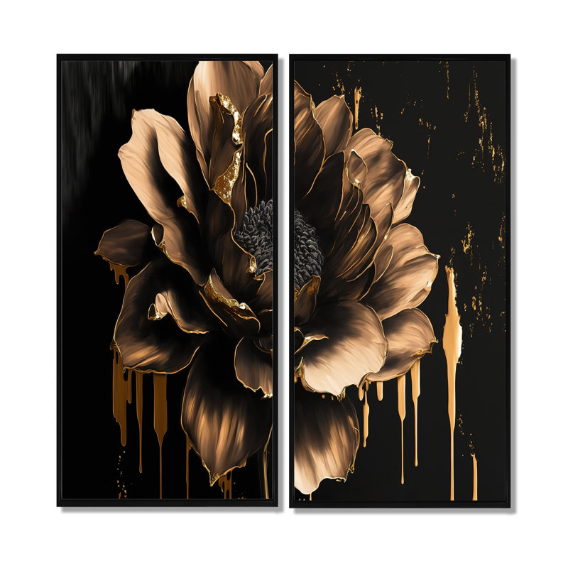 Dahlia noir et doré - 2 reproductions d'art sur toile, 2 pièces, H 40 po x l 40 po, Impression encadrée flottante, Noir