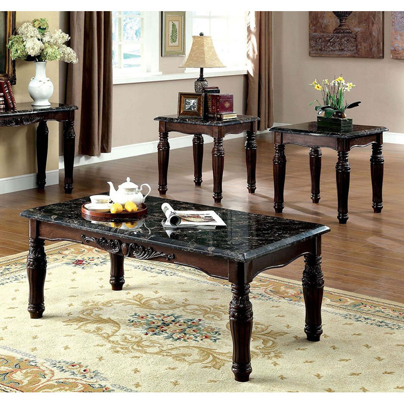 Traditional Espresso Solid wood 3pc Tables Set 1x Coffee Table and 2x End Tables Faux Marble Top