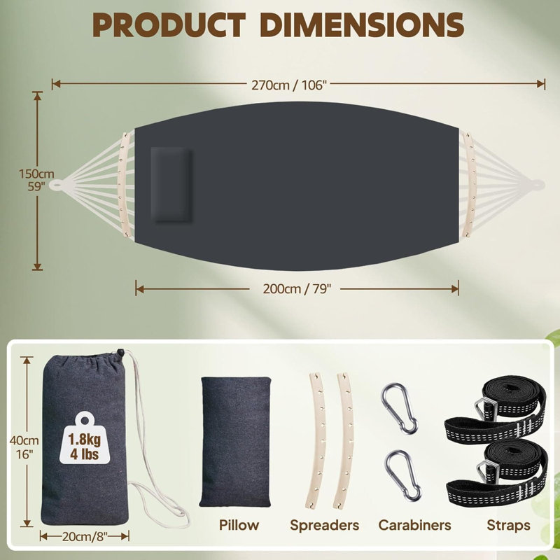 Luxury Cotton Hammock with Spreader Bar & Pillow - Indoor/Outdoor