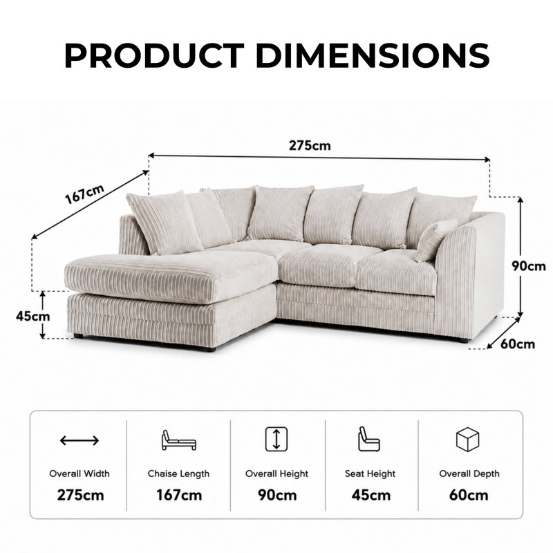 4 Seater Corduroy Sofa & Chaise, Right Hand Facing, Cream