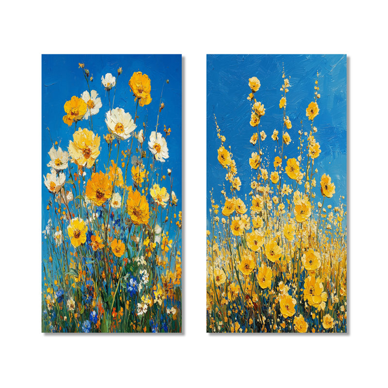 «Yellow Daylight Joy Wildflowers I» - impressions murales florales en métal 2 pièces, 40" H x 40" W