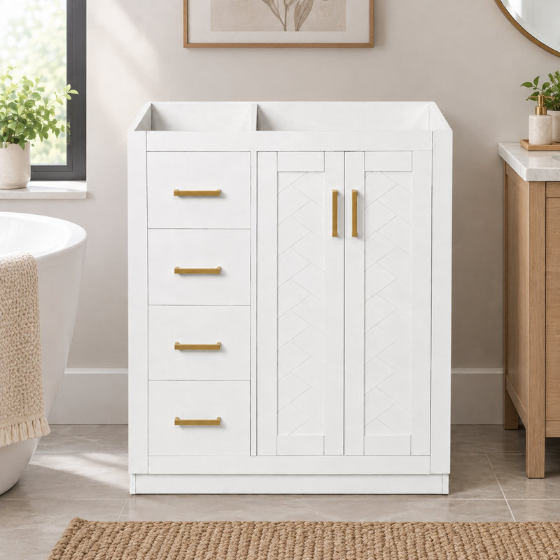 Meuble-lavabo blanc 29,52 po avec cadre en bois massif et portes à fermeture en douceur