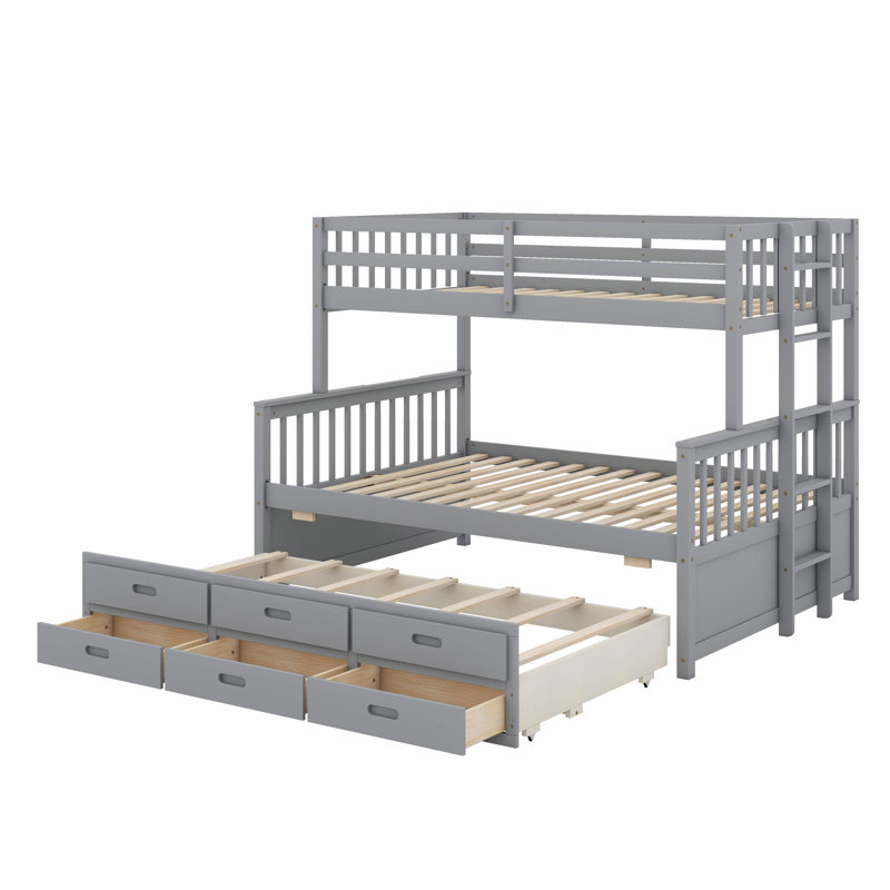 Twin Over Full Bunk Bed With Trundle And Drawers, Gray