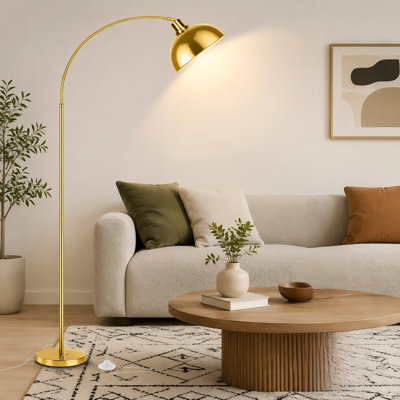 Gold arc floor lamp with remote control, stepless dimming, and a hanging dome shade; designed as an over-couch arched reading light for living rooms, bedrooms, and offices. Bulb included.