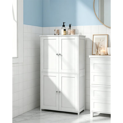 Floor Storage Cabinet, Shaker Cabinet With 2 Adjustable Shelves And 4 Doors, Tall Freestanding Organizer For Kitchen Bathroom, Cloud White
