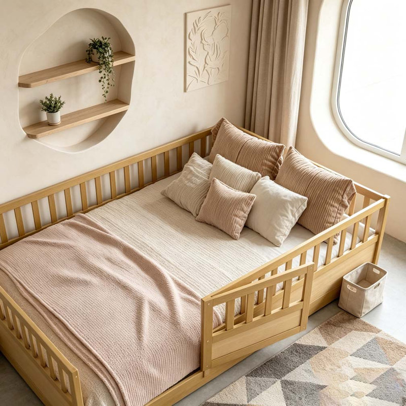Lit de plancher, structure de lit plateforme en bois à profil bas, aucun sommier tapissier requis, Lit double