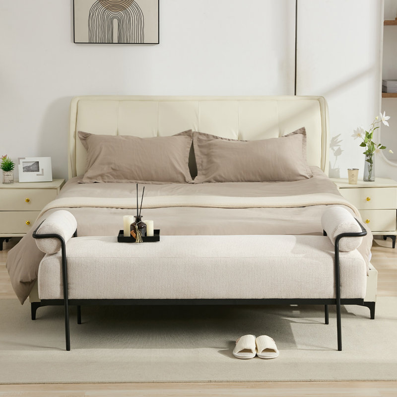  Rexdale End of Bed Bench, Modern Upholstered Ottoman Bench Seat with Black Legs, Beige