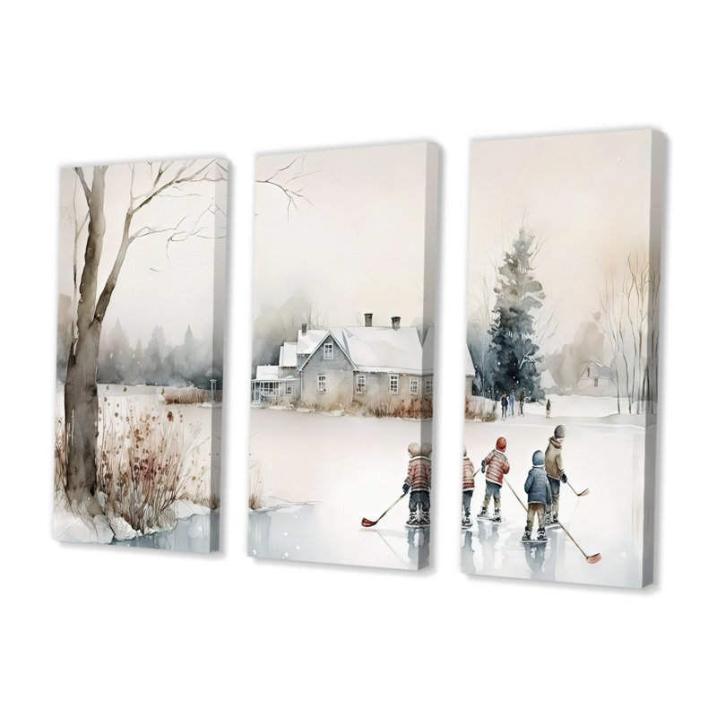 Enfants jouant au hockey en hiver II - ensemble d'art mural moderne sur toile, H 32 po x l 48 po, Toile tendue