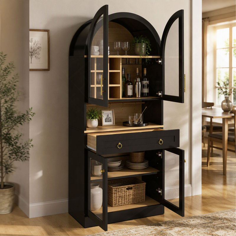 Meuble-bar arqué de 178 cm de haut avec tablette réglable et 5 crochets, 9 casiers à bouteilles et 3 porte-verres, portes en verre trempé et grand tiroir
