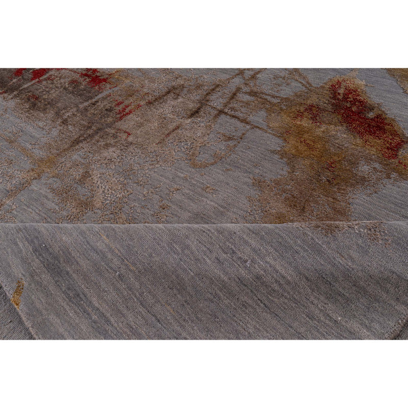 Tapis abstrait rectangulaire noué à la main or / rouge / gris, Rectangle 8 pi x 10 pi