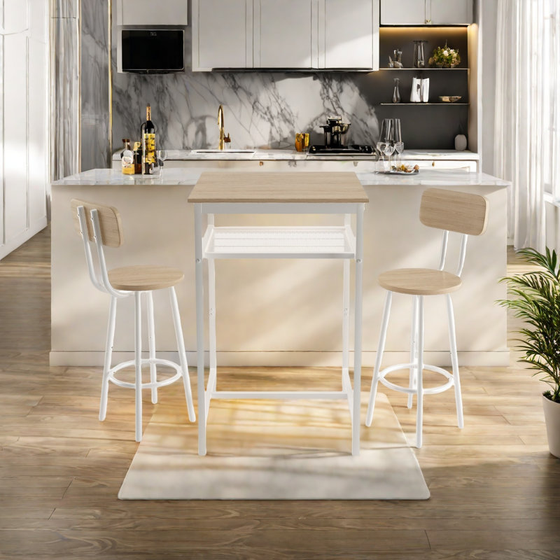 Table de bar, équipée de 2 tabourets de bar, avec dossier et cloison, Beige, Blanc, Beige
