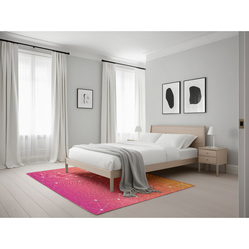 Tapis rose/motif jaune à motif, Rectangle 5 pi x 7 pi