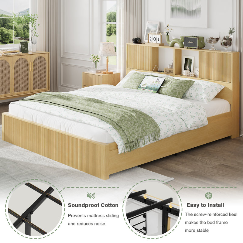 Très grande base de lit avec 4 tiroirs de rangement, têtes de lit à 2 niveaux, ports USB intégrés et prises de courant, cadres de lit en métal, sommier Nox nécessaire, chêne
