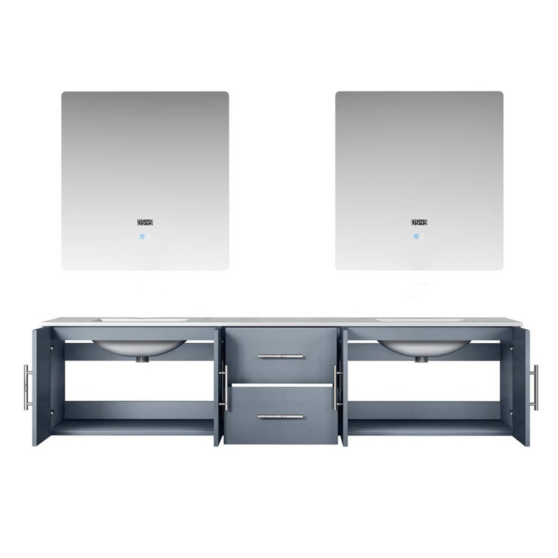Geneva 80" Wall-Mounted Double Bathroom Vanity Set with Mirror, Navy Blue, White Cultured Marble