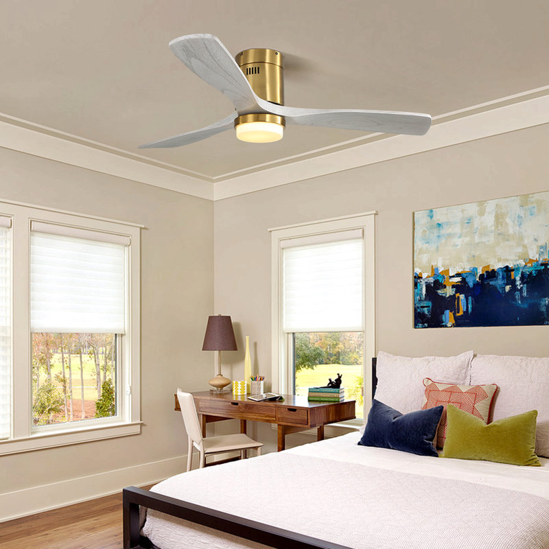 52 Inch Decorative Led Ceiling Fan With Dimmable Led Light 6 Speed Remote 3 Solid Wood Blades Reversible Dc Motor For Living Room