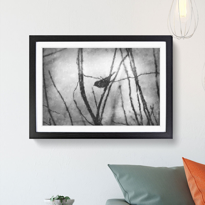 Bird On A Branch Painting - Single Picture Frame Print on MDF, 45cm H x 33cm W x 2cm D, Black